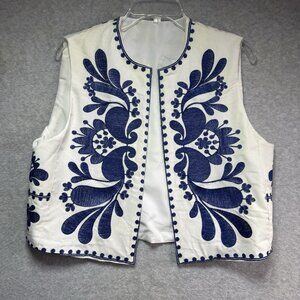 Vest Floral Embroidered Womens Large White Blue Boho Festival Western